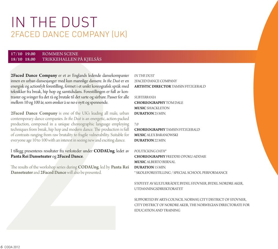 In the Dust er en energisk og actionfylt forestilling, formet i et unikt koreografisk språk med teknikker fra break, hip hop og samtidsdans.