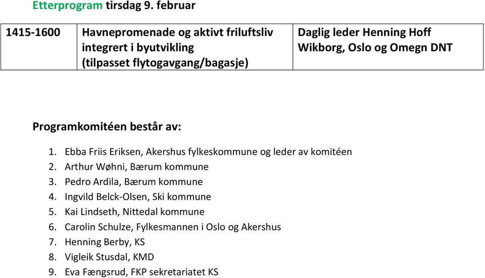 Henning Hoff Wikborg, Oslo og Omegn DNT Programkomitéen består av: 1.