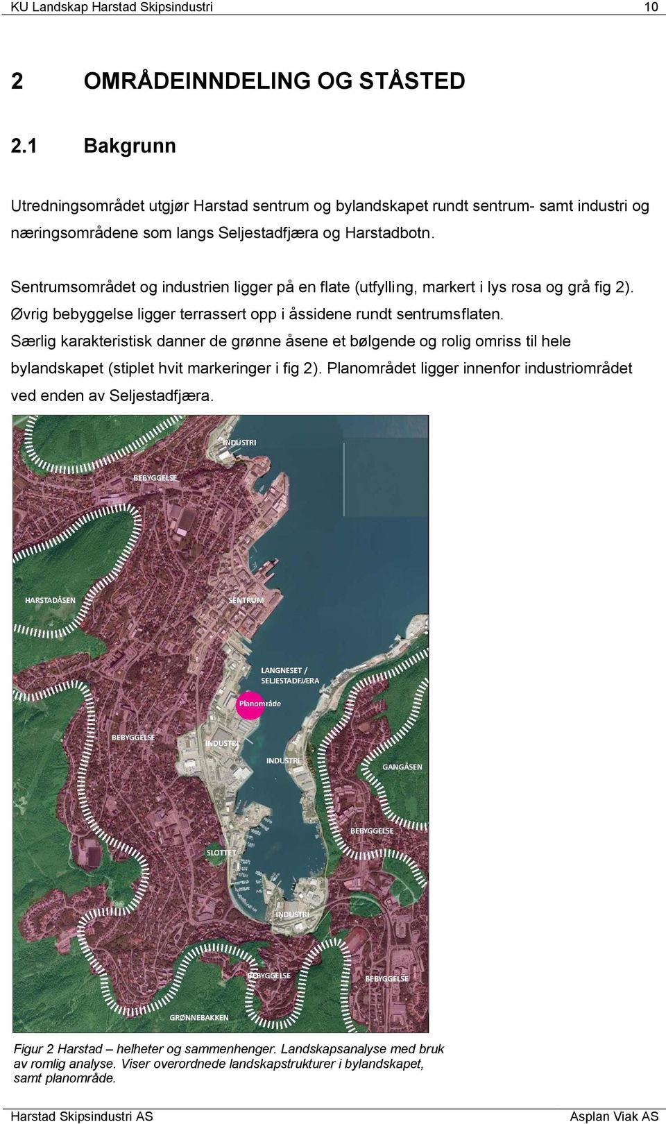 Sentrumsområdet og industrien ligger på en flate (utfylling, markert i lys rosa og grå fig 2). Øvrig bebyggelse ligger terrassert opp i åssidene rundt sentrumsflaten.