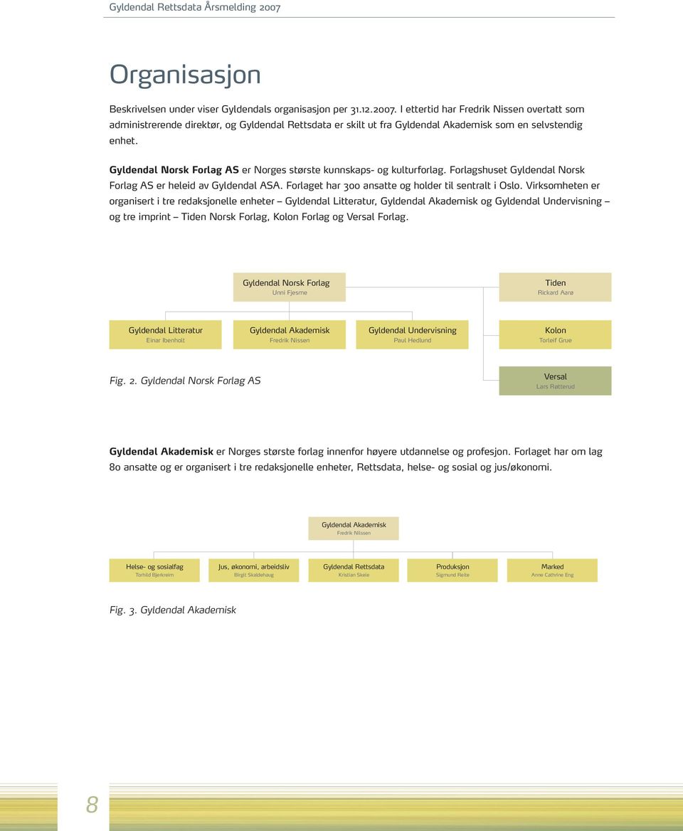 Virksomheten er organisert i tre redaksjonelle enheter Gyldendal Litteratur, Gyldendal Akademisk og Gyldendal Undervisning og tre imprint Tiden Norsk Forlag, Kolon Forlag og Versal Forlag.