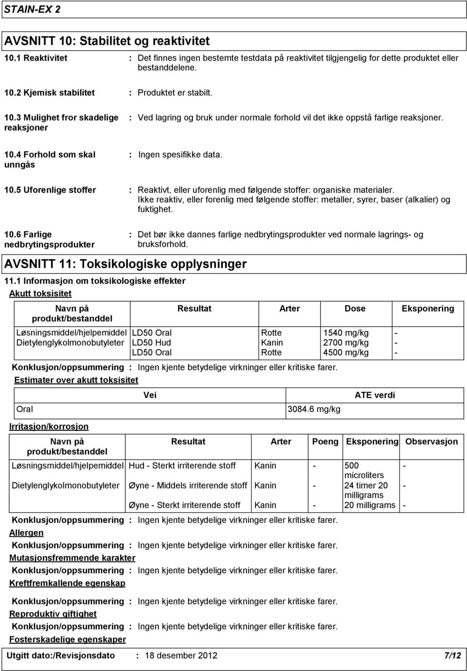 4 Forhold som skal unngås Ingen spesifikke data. 10.5 Uforenlige stoffer Reaktivt, eller uforenlig med følgende stoffer organiske materialer.