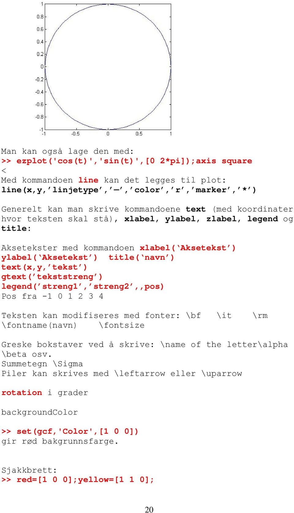 gtext( tekststreng ) legend( streng1, streng2,,pos) Pos fra -1 0 1 2 3 4 Teksten kan modifiseres med fonter: \bf \it \rm \fontname(navn) \fontsize Greske bokstaver ved å skrive: \name of the