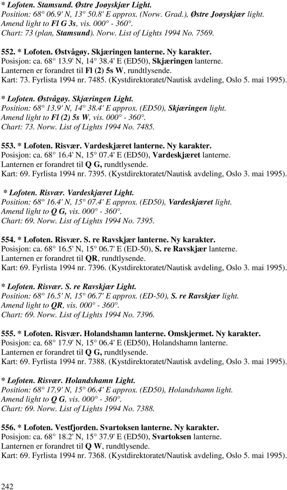 Lanternen er forandret til Fl (2) 5s W, rundtlysende. Kart: 73. Fyrlista 1994 nr. 7485. (Kystdirektoratet/Nautisk avdeling, Oslo 5. mai 1995). * Lofoten. Østvågøy. Skjæringen Light. Position: 68 13.