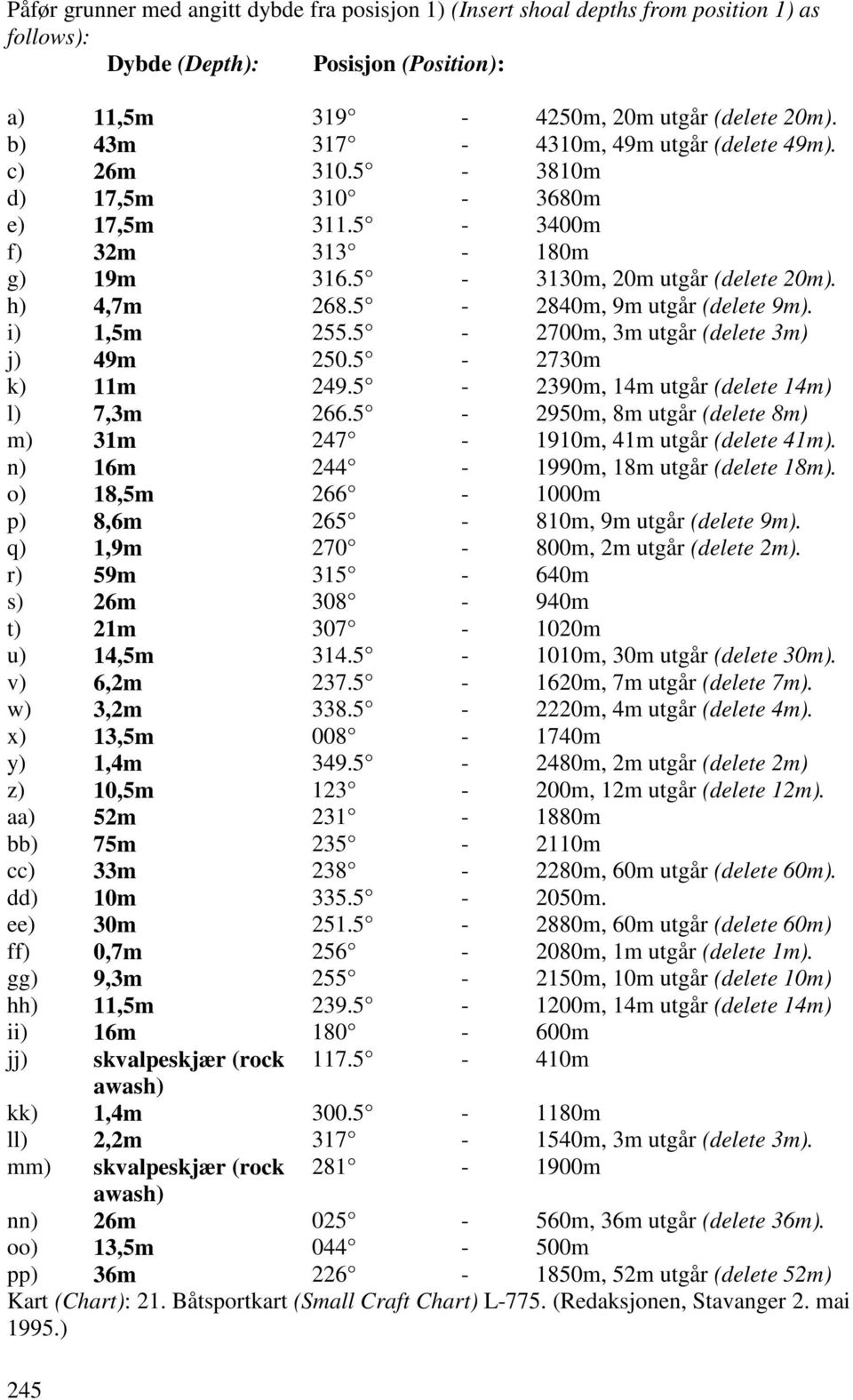 5-2840m, 9m utgår (delete 9m). i) 1,5m 255.5-2700m, 3m utgår (delete 3m) j) 49m 250.5-2730m k) 11m 249.5-2390m, 14m utgår (delete 14m) l) 7,3m 266.