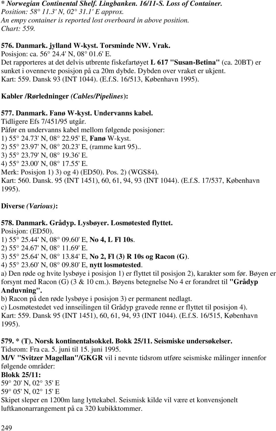 20BT) er sunket i ovennevte posisjon på ca 20m dybde. Dybden over vraket er ukjent. Kart: 559. Dansk 93 (INT 1044). (E.f.S. 16/513, København 1995). Kabler /Rørledninger (Cables/Pipelines): 577.