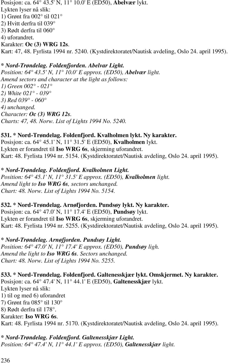 (ED50), Abelvær light. Amend sectors and character at the light as follows: 1) Green 002-021 2) White 021-039 3) Red 039-060 4) unchanged. Character: Oc (3) WRG 12s. Charts: 47, 48. Norw.