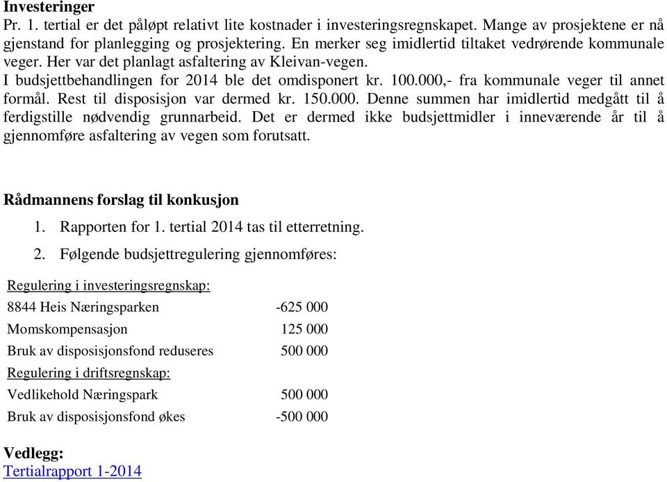 000,- fra kommunale veger til annet formål. Rest til disposisjon var dermed kr. 150.000. Denne summen har imidlertid medgått til å ferdigstille nødvendig grunnarbeid.