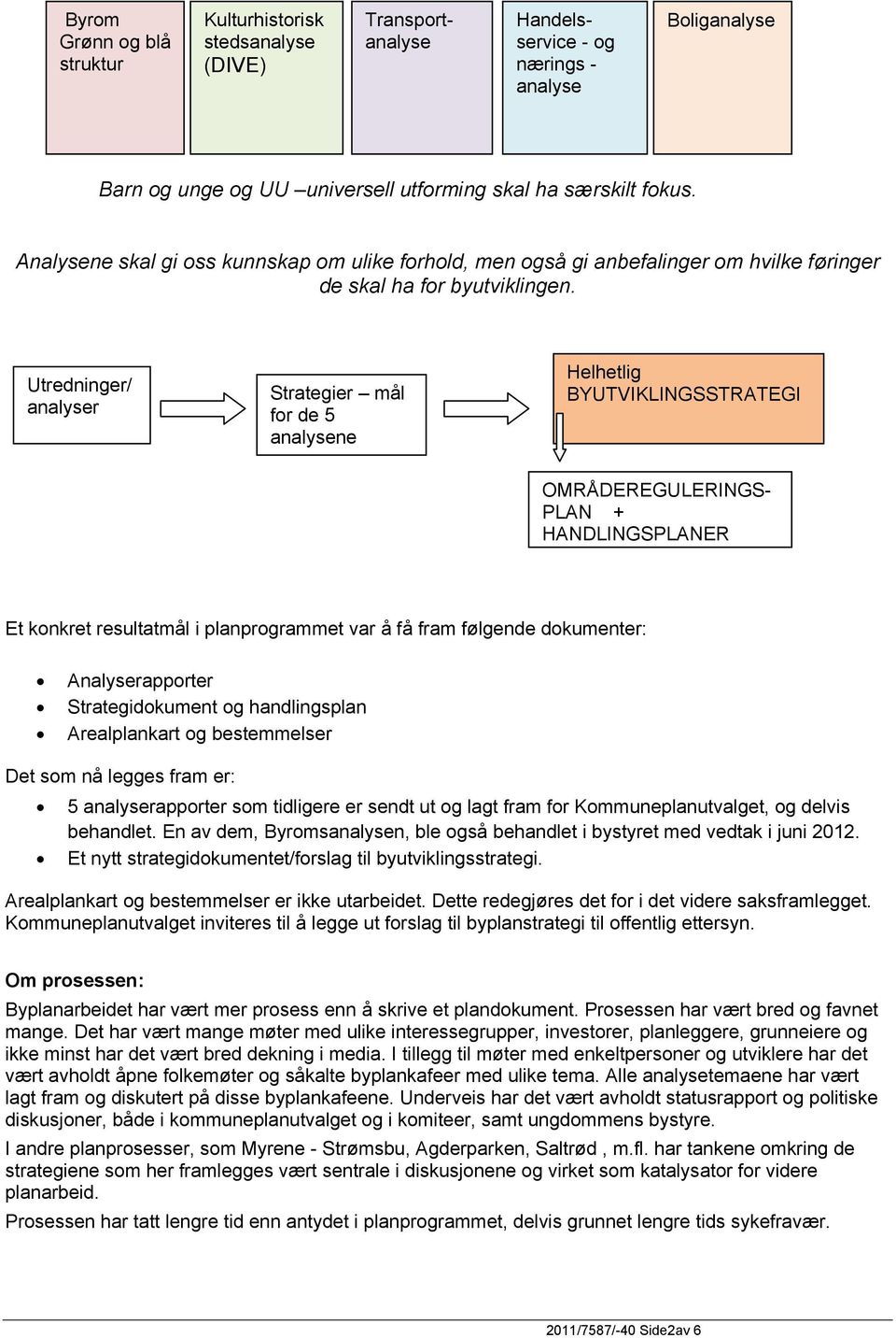 Utredninger/ analyser Strategier mål for de 5 analysene Helhetlig BYUTVIKLINGSSTRATEGI OMRÅDEREGULERINGS- PLAN + HANDLINGSPLANER Et konkret resultatmål i planprogrammet var å få fram følgende