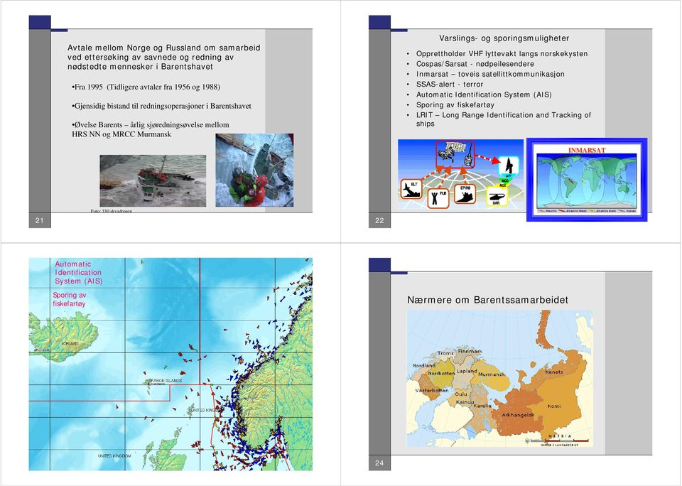 langs norskekysten Cospas/Sarsat - nødpeilesendere Inmarsat toveis satellittkommunikasjon SSAS-alert - terror Automatic Identification System (AIS) Sporing av fiskefartøy LRIT