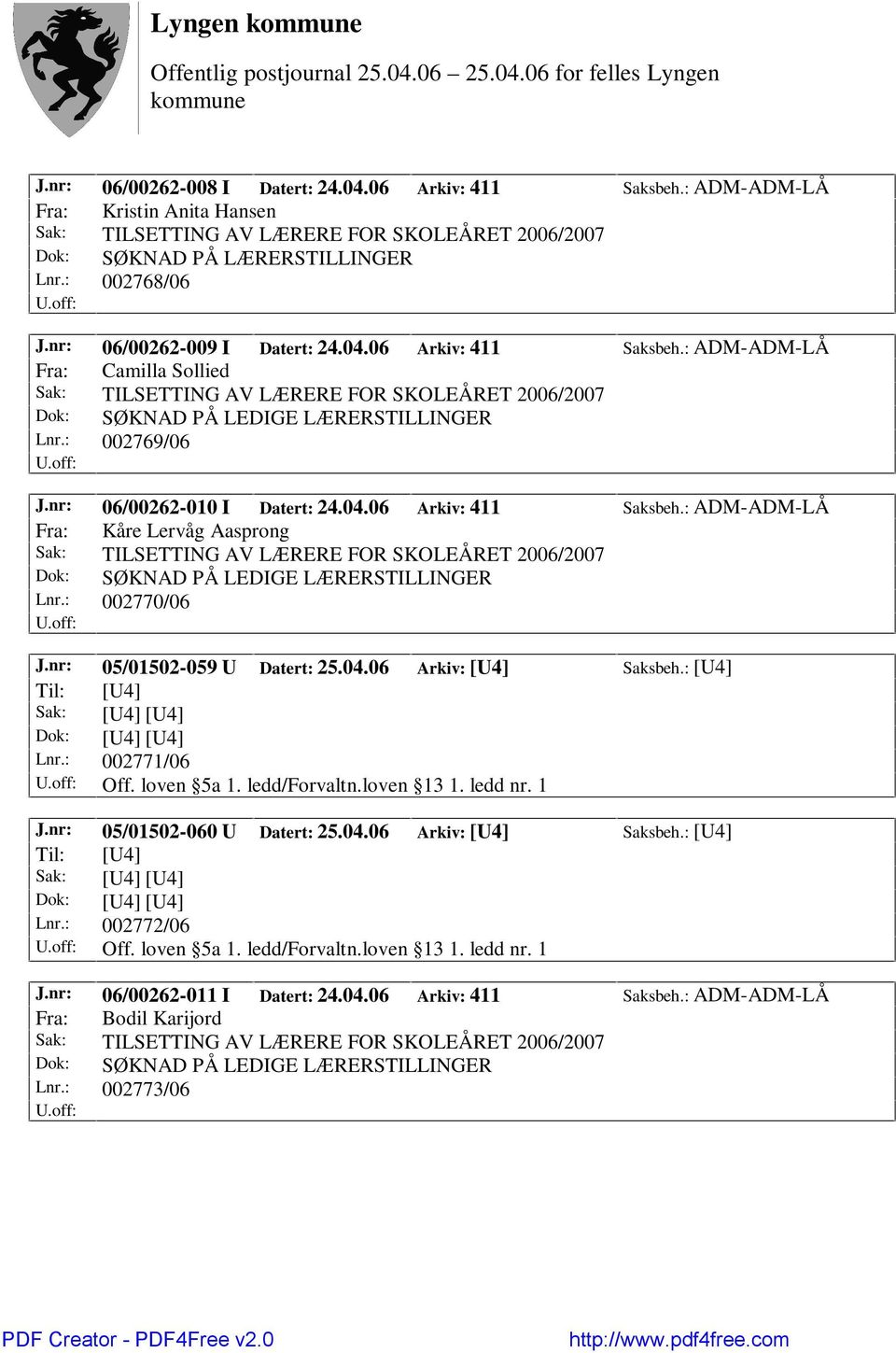 : [U4] Lnr.: 002771/06 Off. loven 5a 1. ledd/forvaltn.loven 13 1. ledd nr. 1 J.nr: 05/01502-060 U Datert: 25.04.06 Arkiv: [U4] Saksbeh.: [U4] Lnr.: 002772/06 Off. loven 5a 1. ledd/forvaltn.loven 13 1. ledd nr. 1 J.nr: 06/00262-011 I Datert: 24.