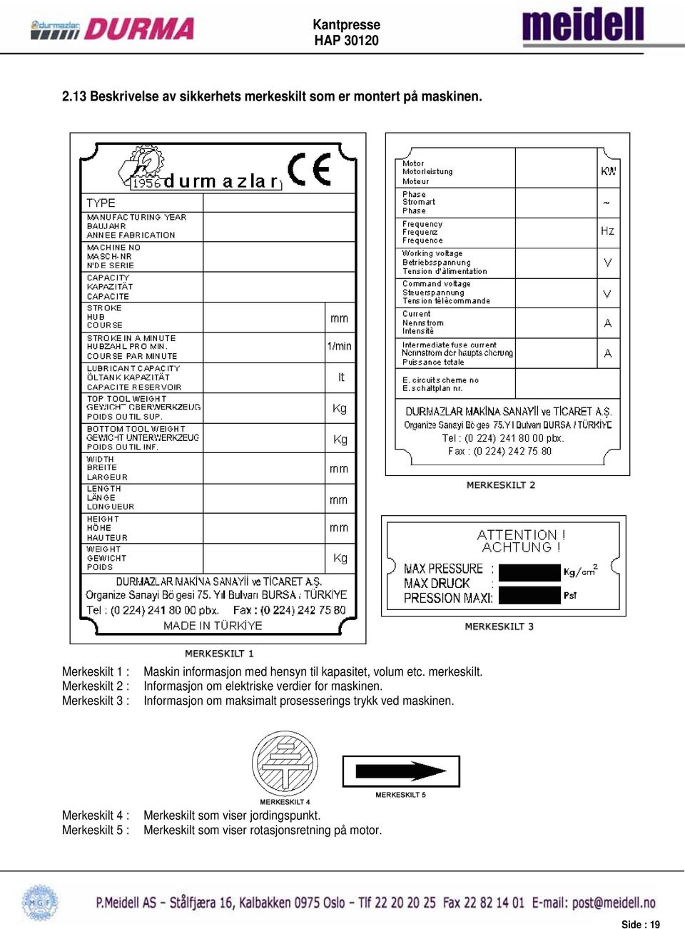 merkeskilt. Informasjon om elektriske verdier for maskinen.