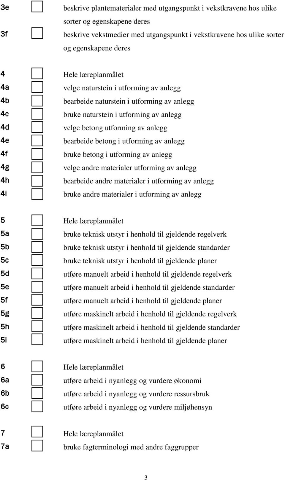 i utforming av anlegg 4f bruke betong i utforming av anlegg 4g velge andre materialer utforming av anlegg 4h bearbeide andre materialer i utforming av anlegg 4i bruke andre materialer i utforming av