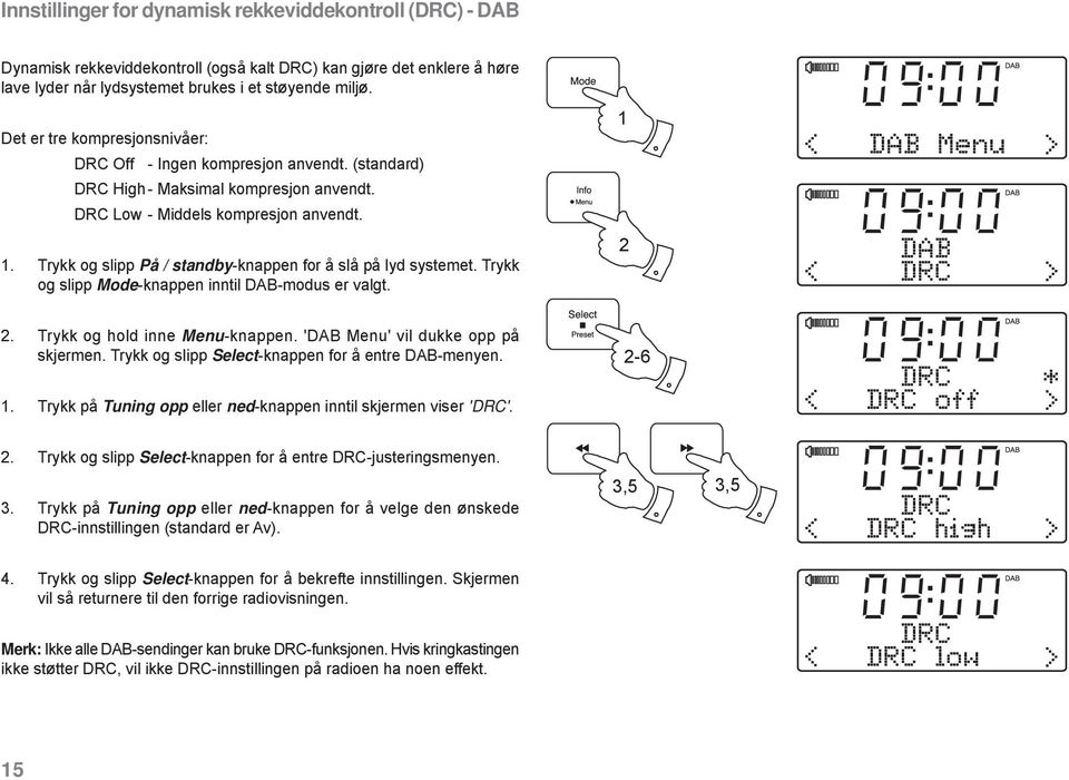 . Trykk og slipp På / standby-knappen for å slå på lyd systemet. Trykk og slipp Mode-knappen inntil DAB-modus er valgt. 2 < DAB Menu > DAB < DRC > 2. Trykk og hold inne Menu-knappen.