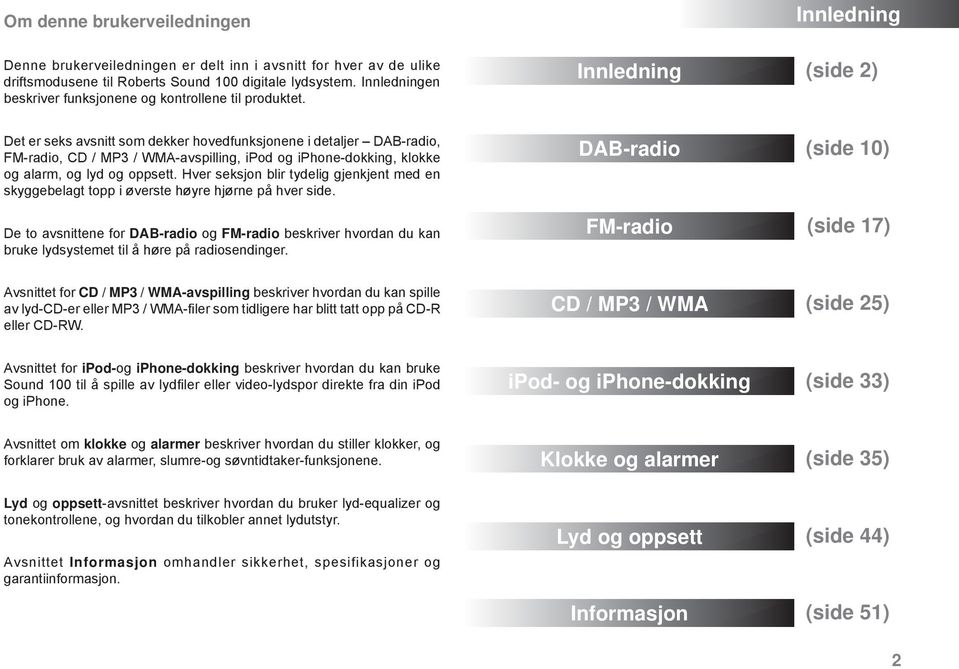 Innledning (side 2) Det er seks avsnitt som dekker hovedfunksjonene i detaljer DAB-radio, FM-radio, CD / MP3 / WMA-avspilling, ipod og iphone-dokking, klokke og alarm, og lyd og oppsett.