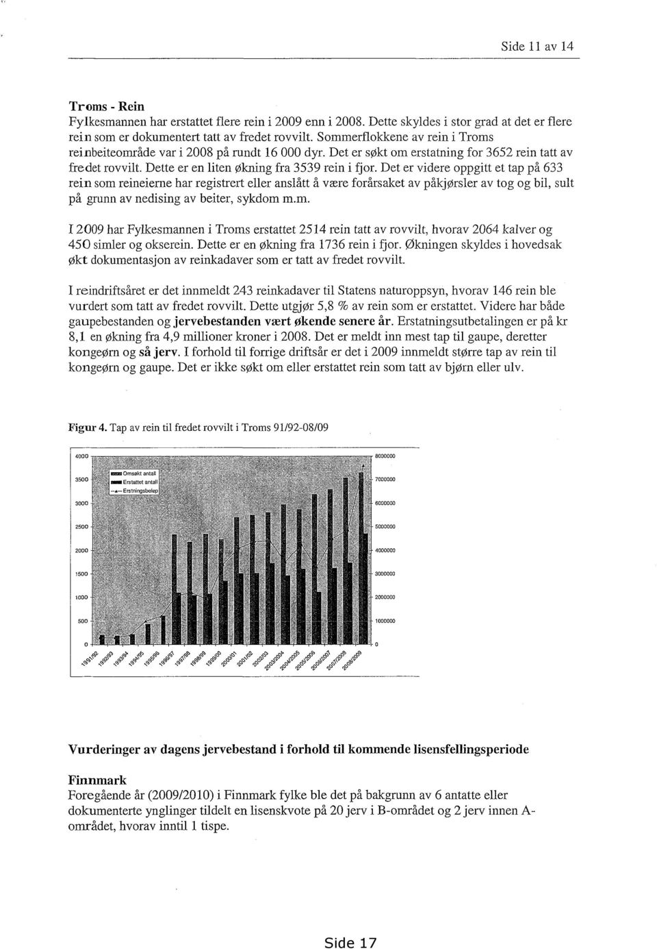 Det er videre oppgitt et tap på 633 rein som reineierne har registrert eller anslått å være forårsaket av påkjørsler av tog og bil, sult på grunn av nedising av beiter, sykdom m.m. 2009 har Fylkesmannen i Troms erstattet 2514 rein tatt av rovvilt, hvorav 2064 kalver og 450 simler og okserein.