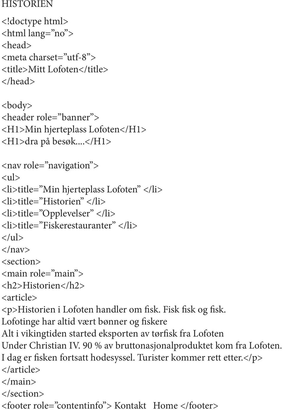 role= main > <h2>historien</h2> <article> <p>historien i Lofoten handler om fisk. Fisk fisk og fisk.