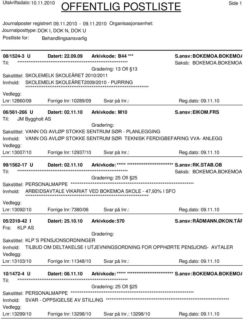 dato: 09.11.10 06/561-266 U Datert: 02.11.10 Arkivkode: M10 S.ansv: EIKOM.