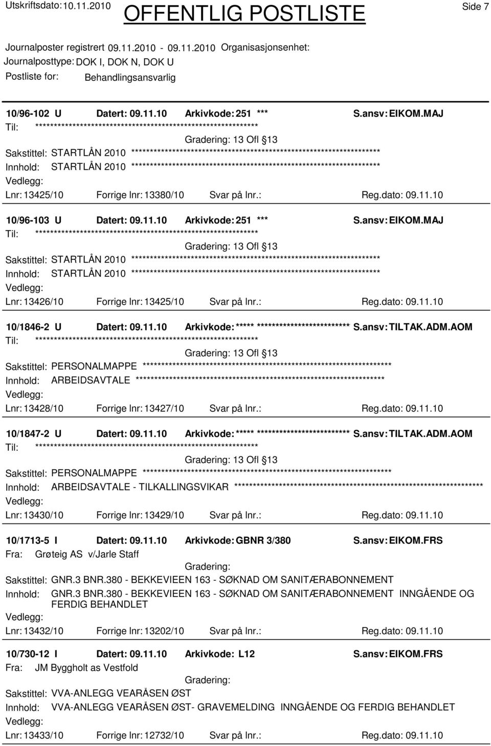 ansv: TILTAK.ADM.AOM 13 Ofl 13 Lnr: 13428/10 Forrige lnr: 13427/10 Svar på lnr.: Reg.dato: 09.11.10 10/1847-2 U Datert: 09.11.10 Arkivkode:***** ****************************** S.ansv: TILTAK.ADM.AOM 13 Ofl 13 Innhold: ARBEIDSAVTALE - TILKALLINGSVIKAR Lnr: 13430/10 Forrige lnr: 13429/10 Svar på lnr.