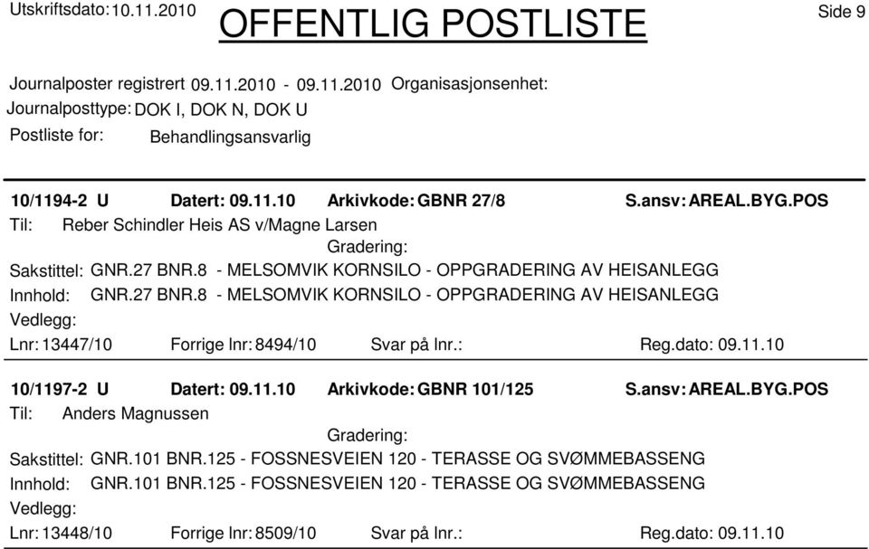 8 - MELSOMVIK KORNSILO - OPPGRADERING AV HEISANLEGG Lnr: 13447/10 Forrige lnr: 8494/10 Svar på lnr.: Reg.dato: 09.11.10 10/1197-2 U Datert: 09.11.10 Arkivkode:GBNR 101/125 S.