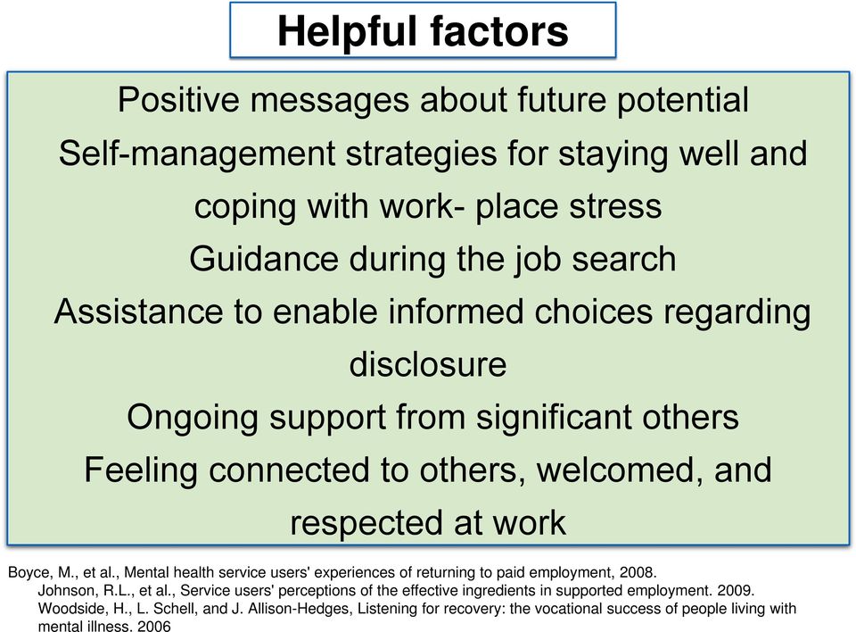 , et al., Mental health service users' experiences of returning to paid employment, 2008. Johnson, R.L., et al., Service users' perceptions of the effective ingredients in supported employment.