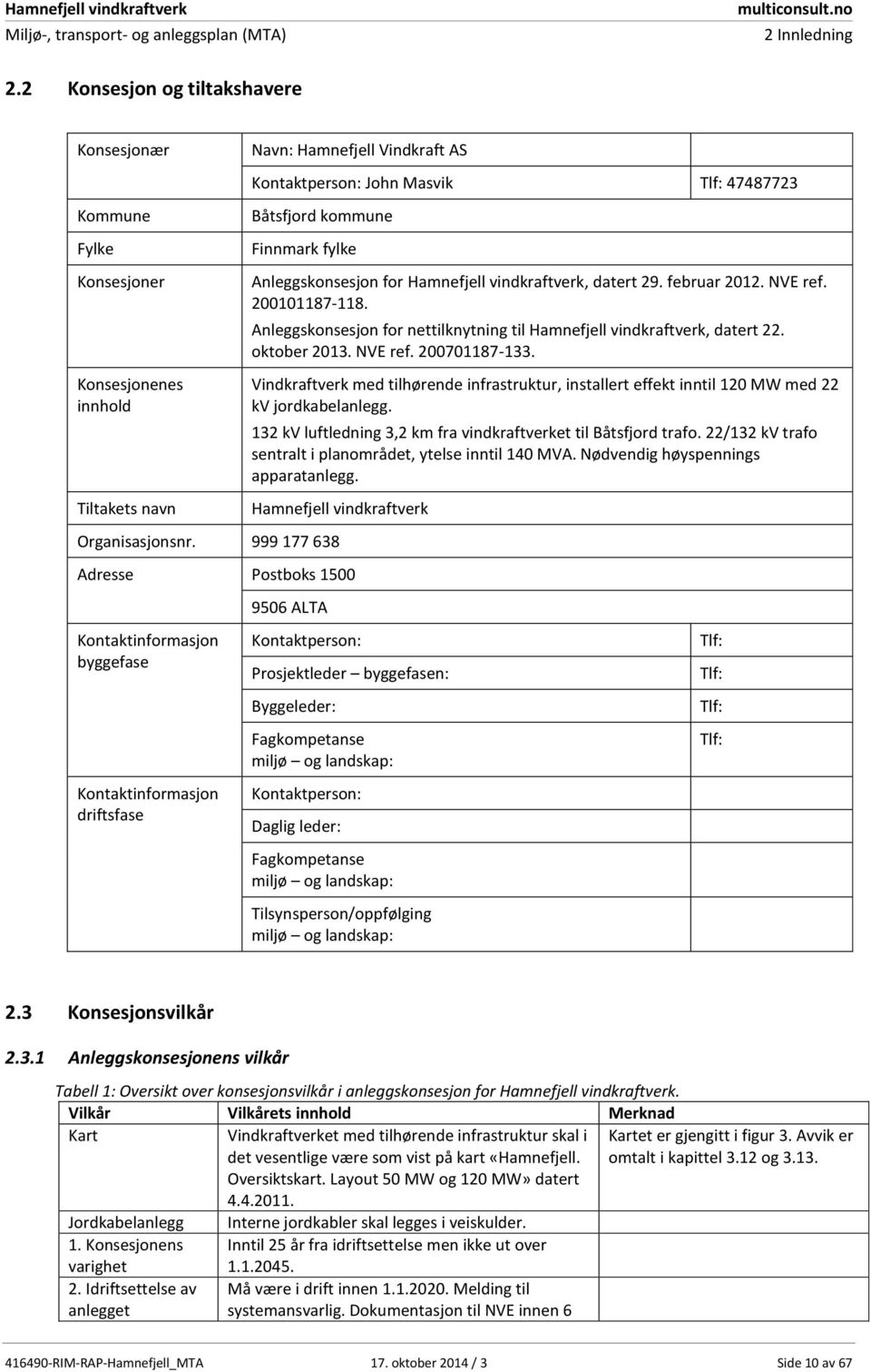 Finnmark fylke Organisasjonsnr. 999 177 638 Anleggskonsesjon for Hamnefjell vindkraftverk, datert 29. februar 2012. NVE ref. 200101187-118.