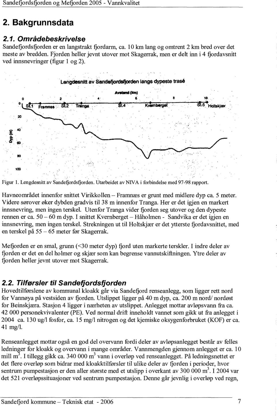 Lengdesnitt av Sandefiordsfjorden. Utarbeidet av N1VA i forbindelse med 97-98 rapport. Havneområdet innenfor snittet Virikkollen Framnæs er grunt med midlere dyp ca. 5 meter.