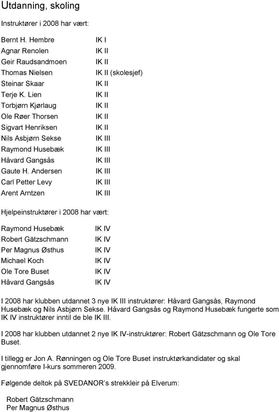 Andersen Carl Petter Levy Arent Arntzen IK I IK II IK II IK II (skolesjef) IK II IK II IK II IK II IK II IK III IK III IK III IK III IK III IK III Hjelpeinstruktører i 2008 har vært: Raymond Husebæk