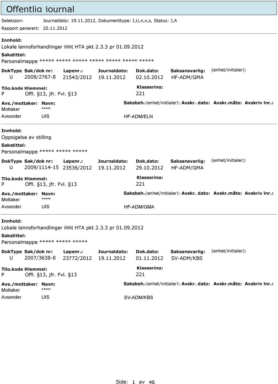 2012 S HF-ADM/ELN Oppsigelse av stilling ersonalmappe ***** ***** ***** 2009/1114-15