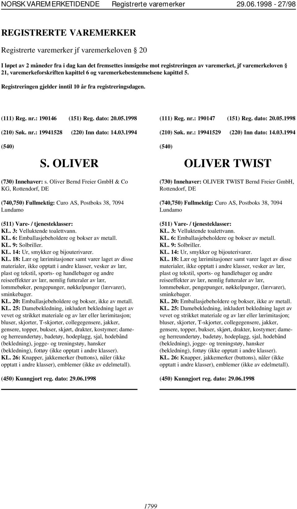 03.1994 (111) Reg. nr.: 190147 (151) Reg. dato: 20.05.1998 (210) Søk. nr.: 19941529 (220) Inn dato: 14.03.1994 S. OLIVER OLIVER TWIST (730) Innehaver: s.