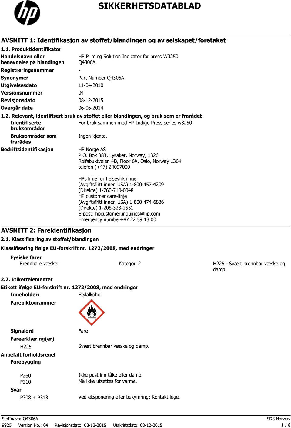 1. Produktidentifikator Handelsnavn eller benevnelse på blandingen Registreringsnummer Synonymer HP Priming Solution Indicator for press W3250 Q4306A - Part Number Q4306A Utgivelsesdato 11-04-2010