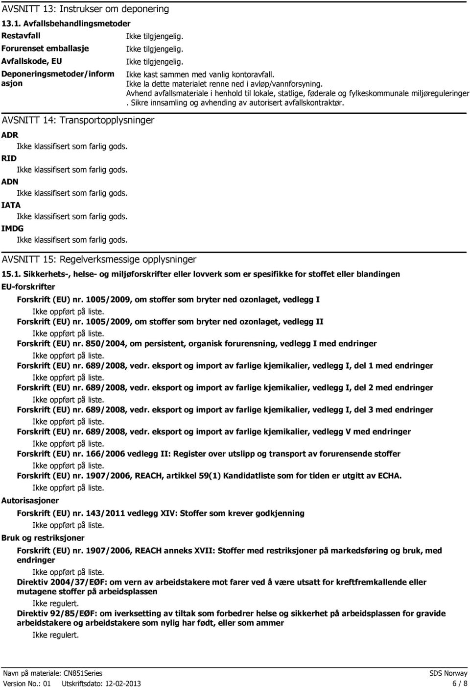 .1. Avfallsbehandlingsmetoder Restavfall Forurenset emballasje Avfallskode, EU Deponeringsmetoder/inform asjon AVSNITT 14: Transportopplysninger ADR RID ADN IATA IMDG AVSNITT 15: Regelverksmessige