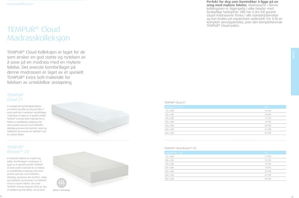 Cloud-madrassene finnes i alle standardstørrelser og kan brukes på regulerbare understell. For å få en komplett søvnopplevelse, prøv den kompletterende Cloud-puten.