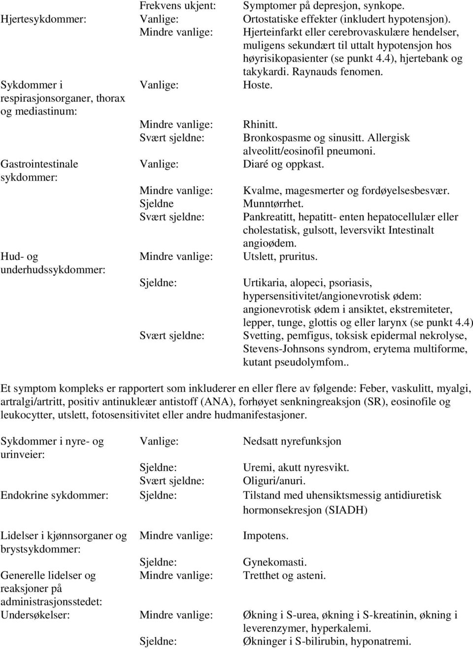 Sykdommer i Vanlige: Hoste. respirasjonsorganer, thorax og mediastinum: Mindre vanlige: Rhinitt. Svært sjeldne: Bronkospasme og sinusitt. Allergisk alveolitt/eosinofil pneumoni.