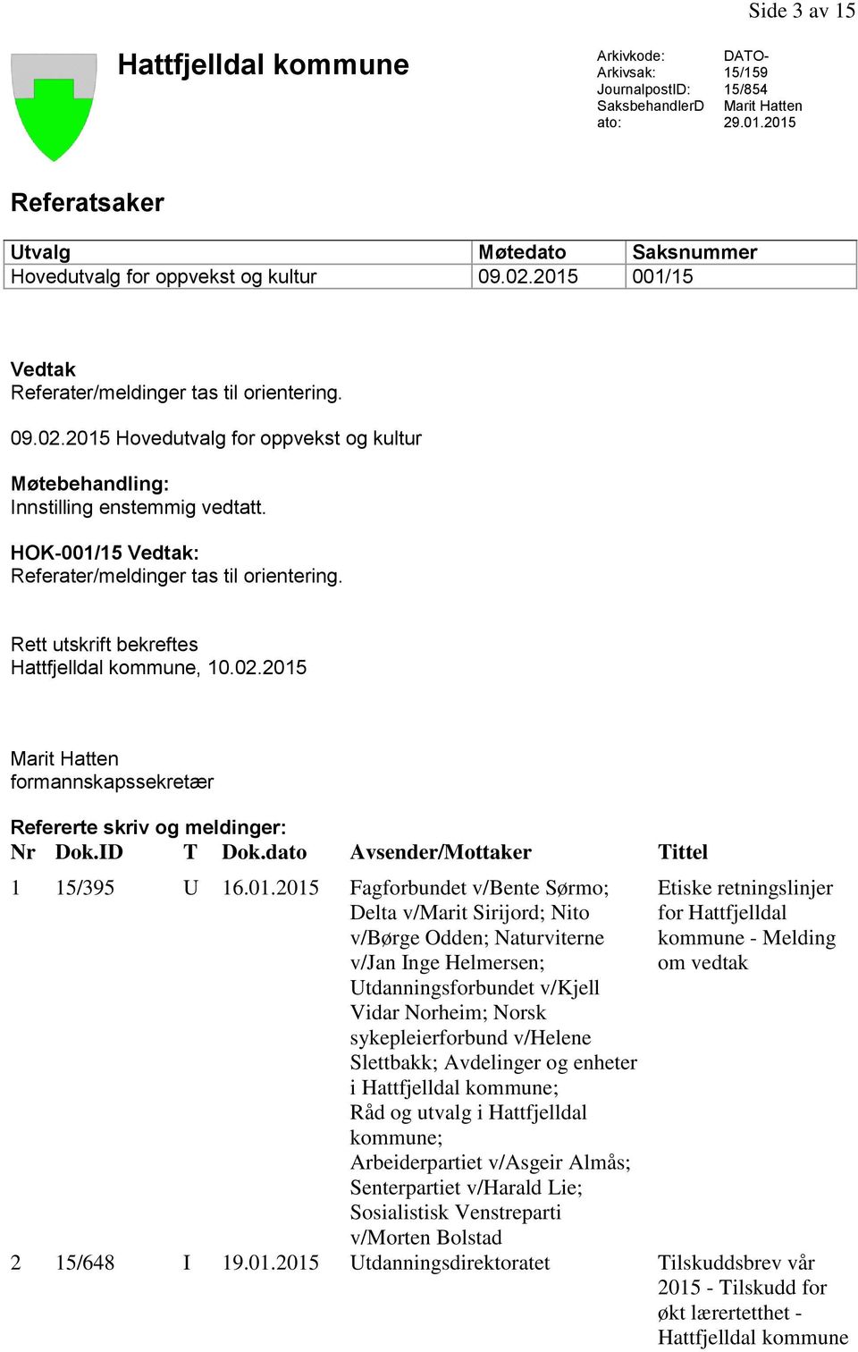 HOK-001/15 Vedtak: Referater/meldinger tas til orientering. Rett utskrift bekreftes Hattfjelldal kommune, 10.02.2015 Marit Hatten formannskapssekretær Refererte skriv og meldinger: Nr Dok.ID T Dok.