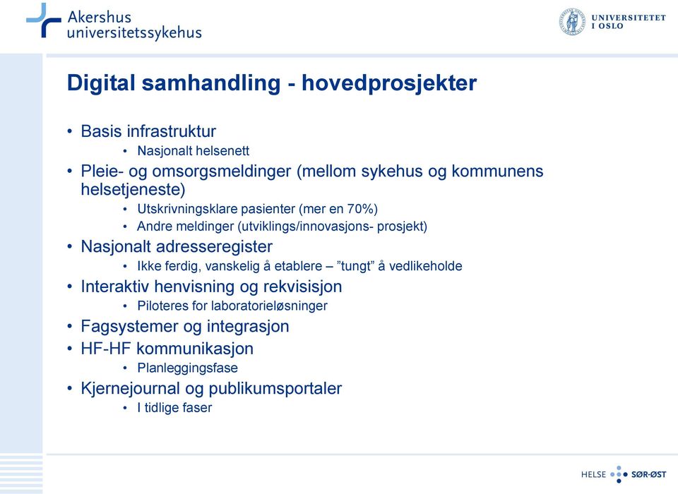 adresseregister Ikke ferdig, vanskelig å etablere tungt å vedlikeholde Interaktiv henvisning og rekvisisjon Piloteres for