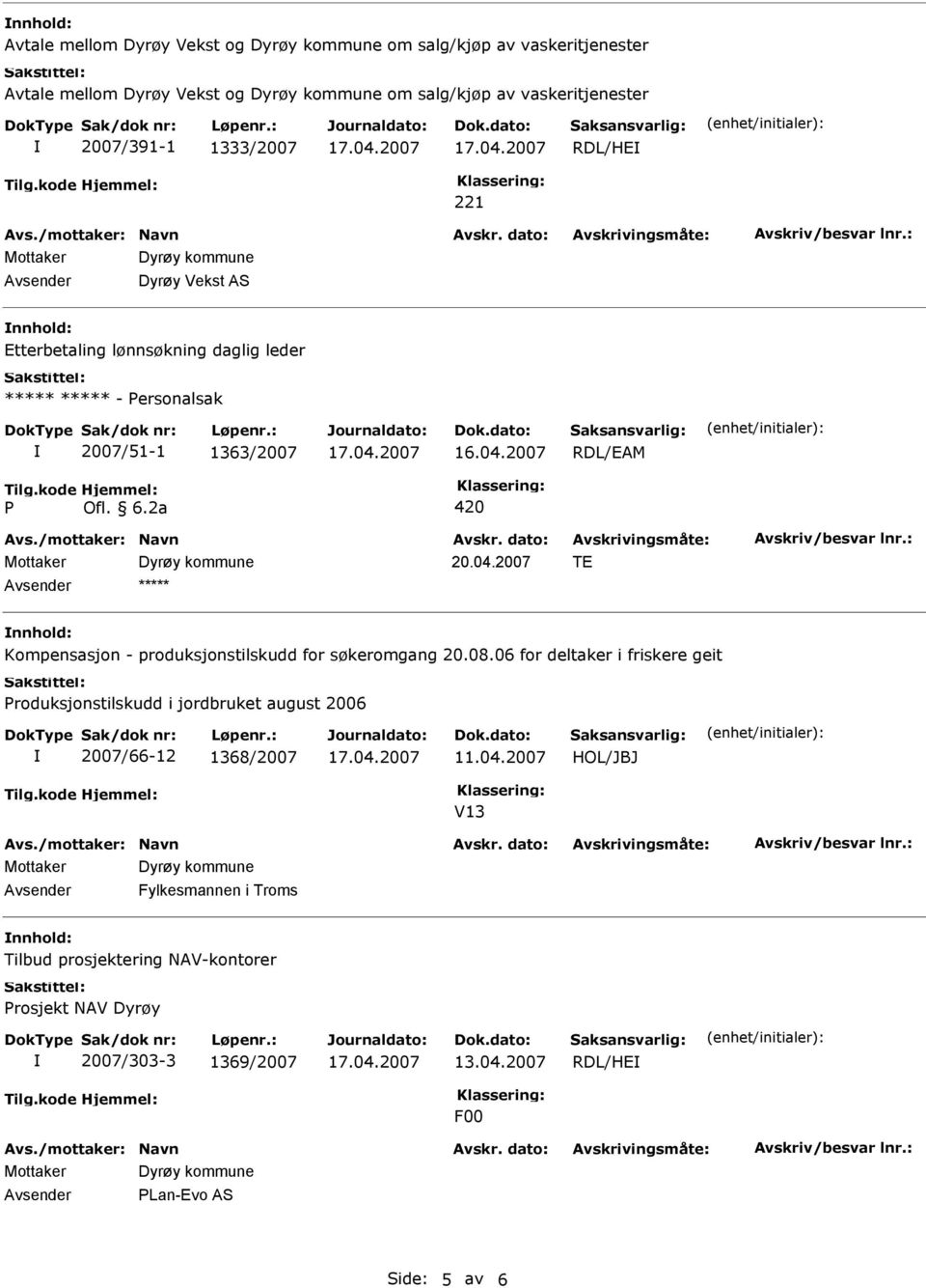 2007 TE Avsender ***** Kompensasjon - produksjonstilskudd for søkeromgang 20.08.