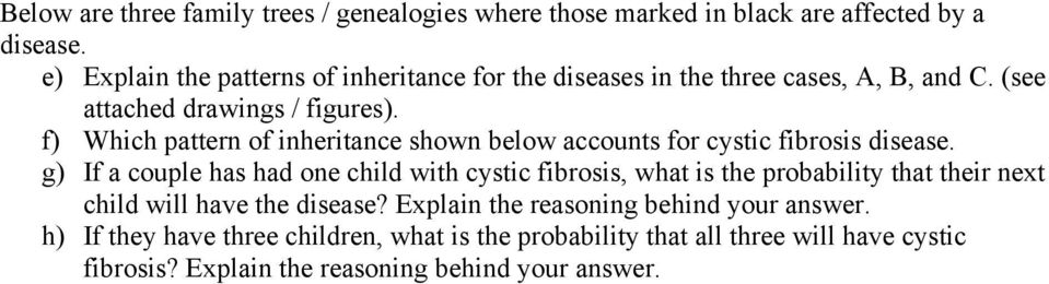 f) Which pattern of inheritance shown below accounts for cystic fibrosis disease.