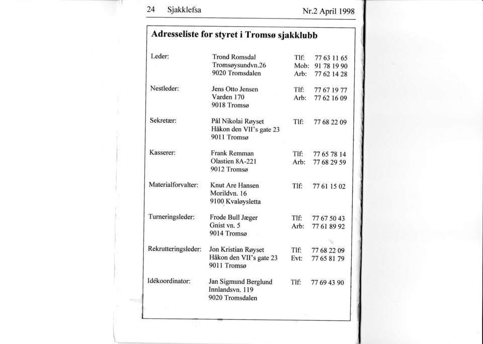 26 9020 Tromsdalen Jens Otto Jensen Varden 170 9018 Tromsø Pål Nkola Røyset Håkon den V's gate23 9011 Tromsø Frank Remman Olasten 8A-221 9012 Tromsø Knut Are Hansen Morldvn.