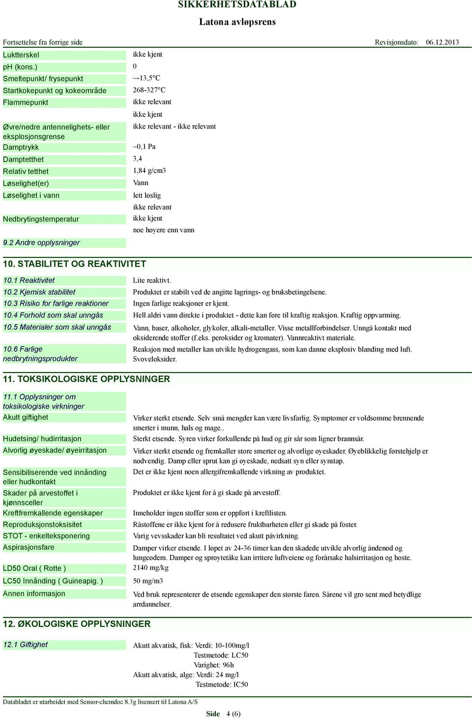 Nedbrytingstemperatur 9.2 Andre opplysninger ikke kjent ~-13,5 C 268-327 C ikke relevant ikke kjent ikke relevant - ikke relevant ~0,1 Pa 1,84 g/cm3 Vann 10.