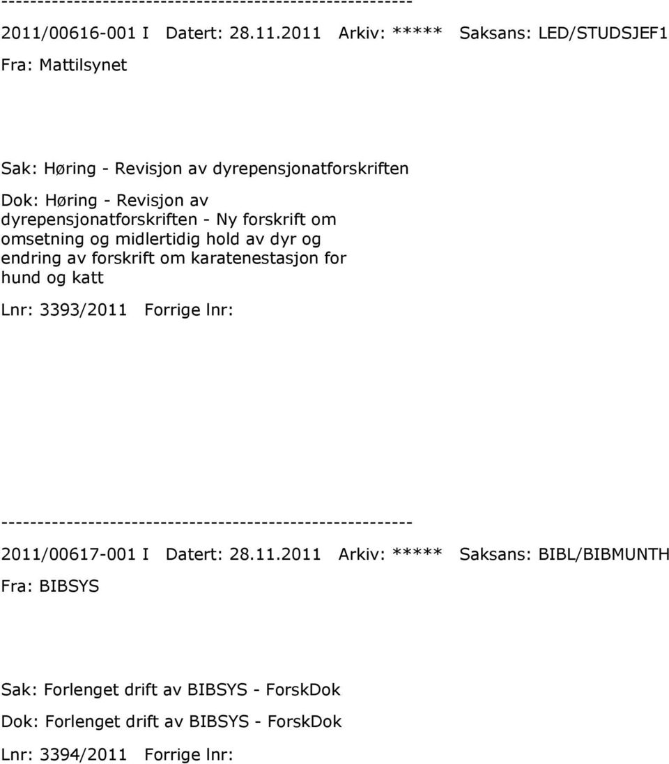 og endring av forskrift om karatenestasjon for hund og katt Lnr: 3393/2011 