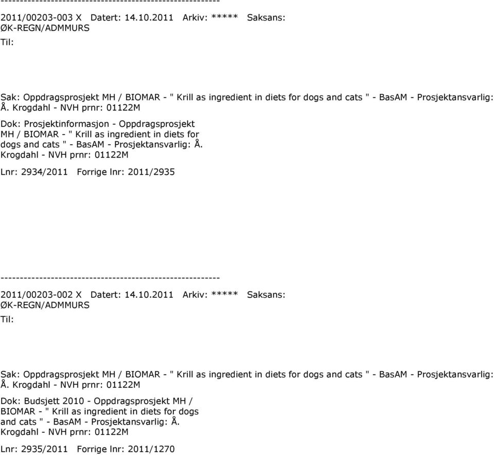 Krogdahl - NVH prnr: 01122M Lnr: 2934/2011 Forrige lnr: 2011/2935 2011/00203-002 X Datert: 14.10.