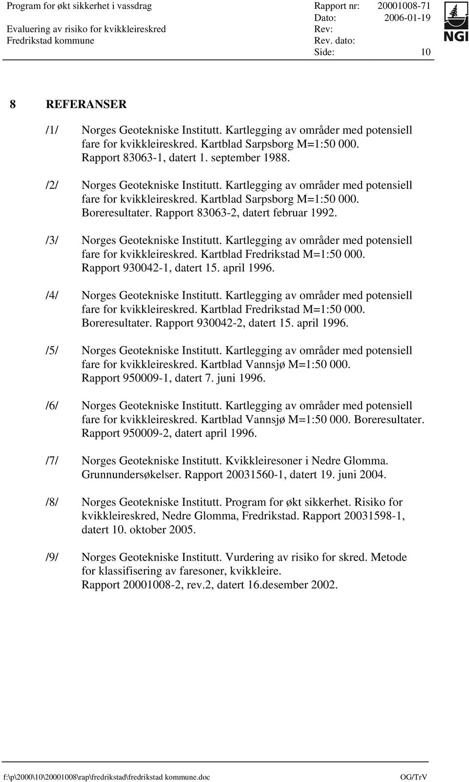 /3/ Norges Geotekniske Institutt. Kartlegging av områder med potensiell fare for kvikkleireskred. Kartblad Fredrikstad M=1:50 000. Rapport 930042-1, datert 15. april 1996.