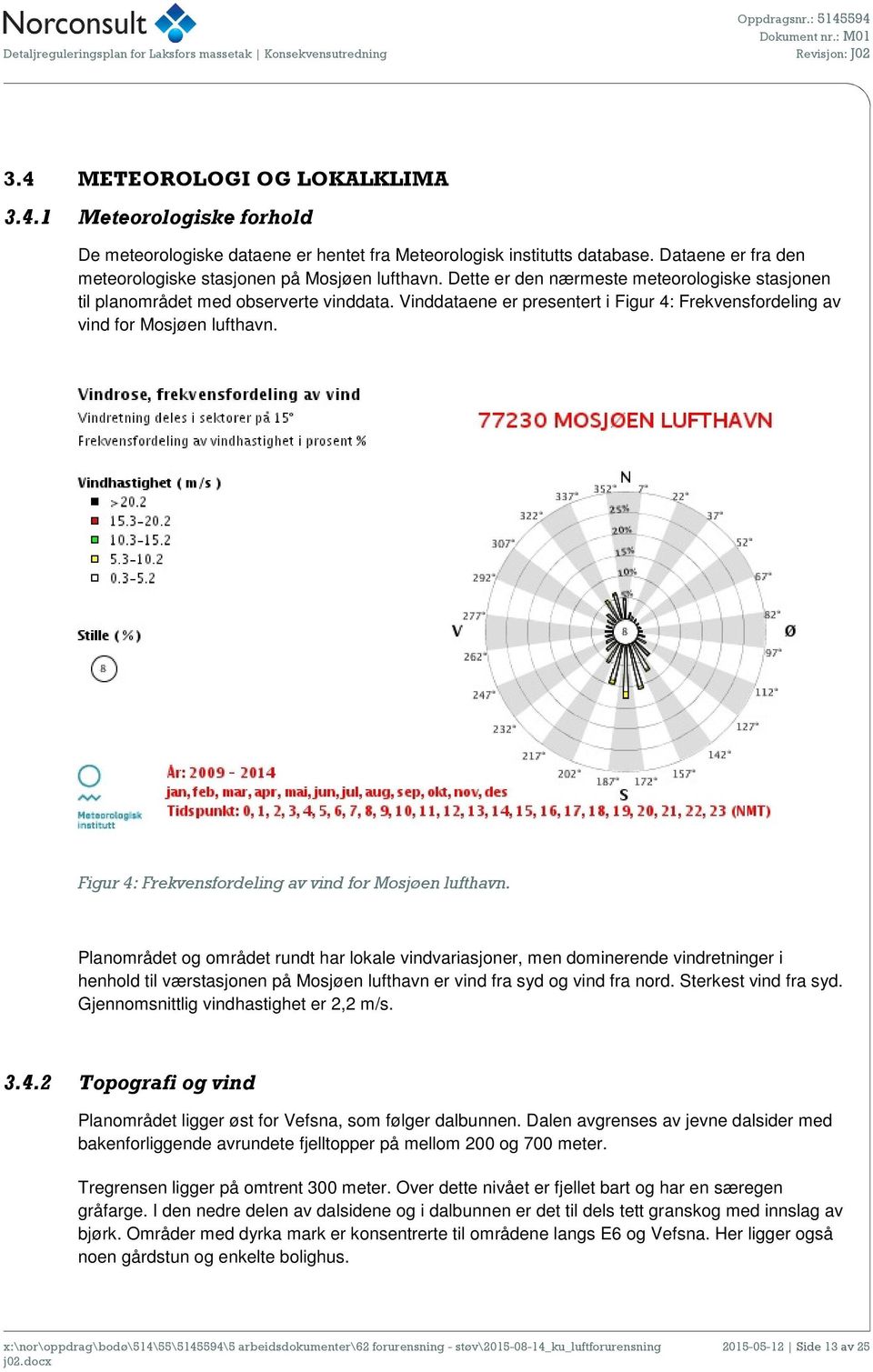 Figur 4: Frekvensfordeling av vind for Mosjøen lufthavn.