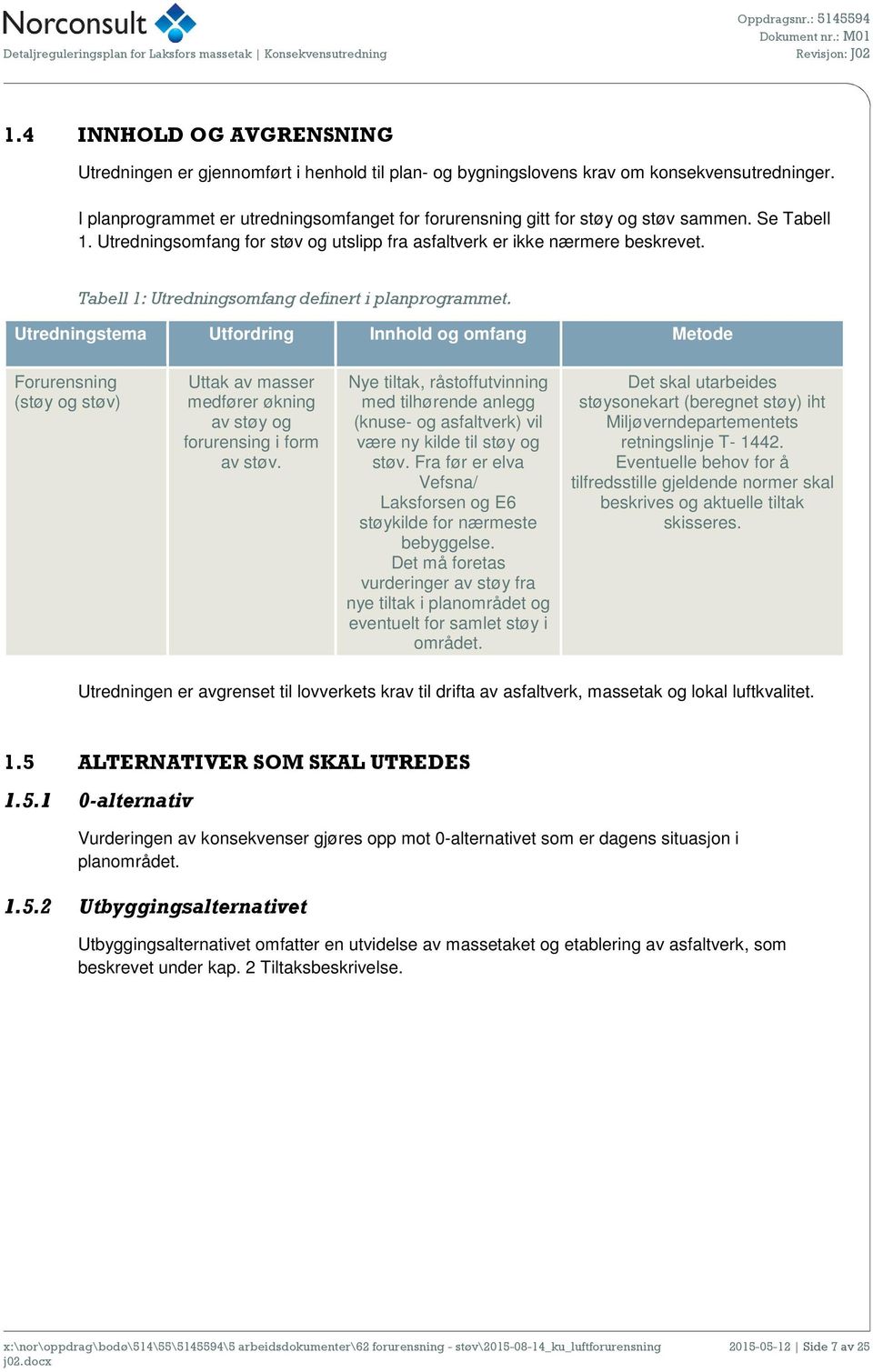 Tabell 1: Utredningsomfang definert i planprogrammet.