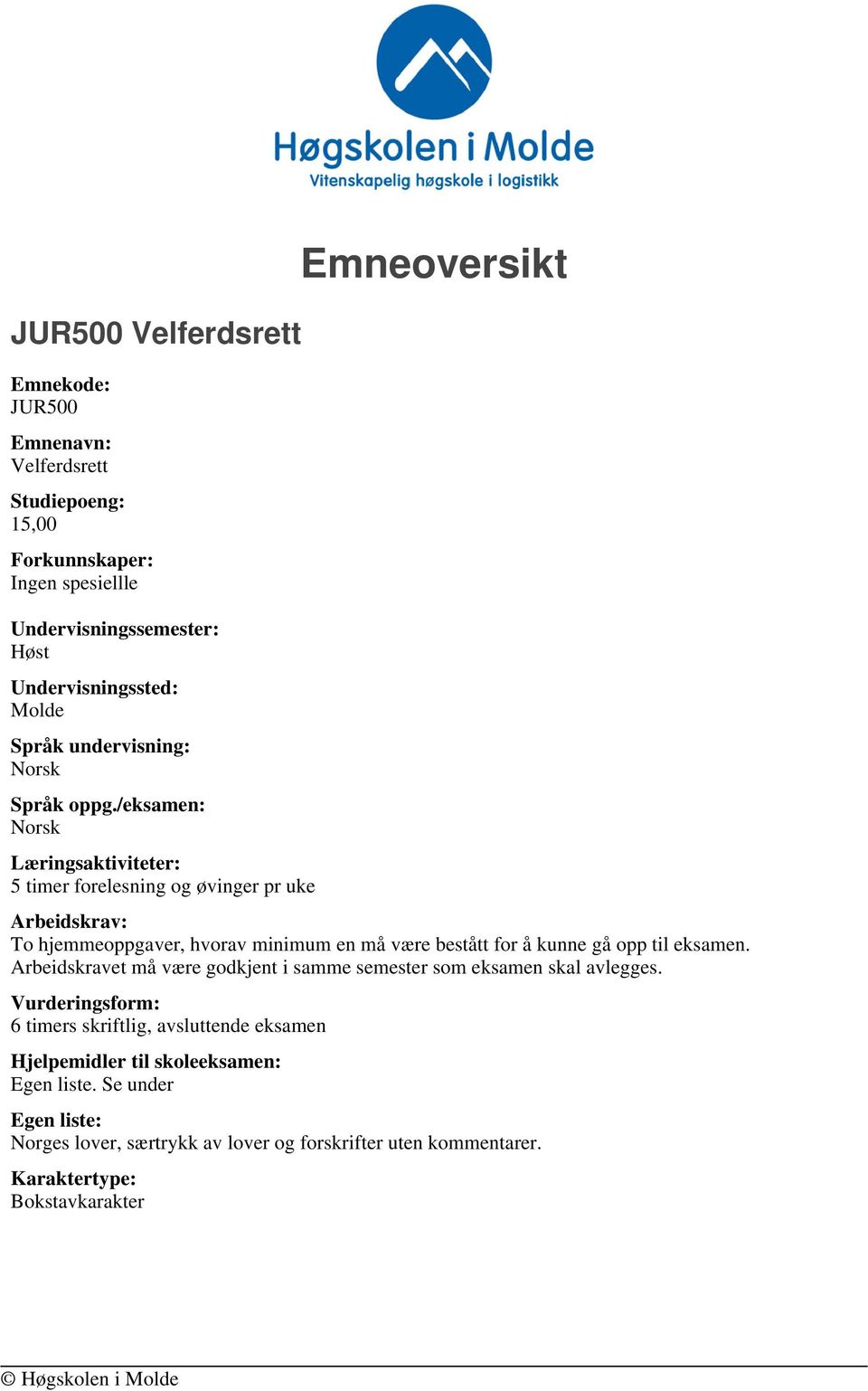 /eksamen: Læringsaktiviteter: 5 timer forelesning og øvinger pr uke Emneoversikt Arbeidskrav: To hjemmeoppgaver, hvorav minimum en må være bestått for å kunne gå opp