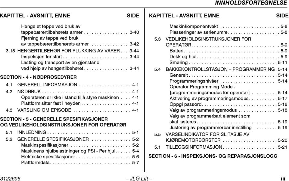 ................ 3-44 SECTION - 4 - NØDPROSEDYRER 4.1 GENERELL INFORMASJON.................... 4-1 4.2 NØDBRUK.................................. 4-1 Operatøren er ikke i stand til å styre maskinen.