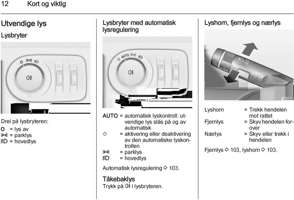 deaktivering av den automatiske lyskontrollen 8 = parklys 9 = hovedlys Automatisk lysregulering 3 103.