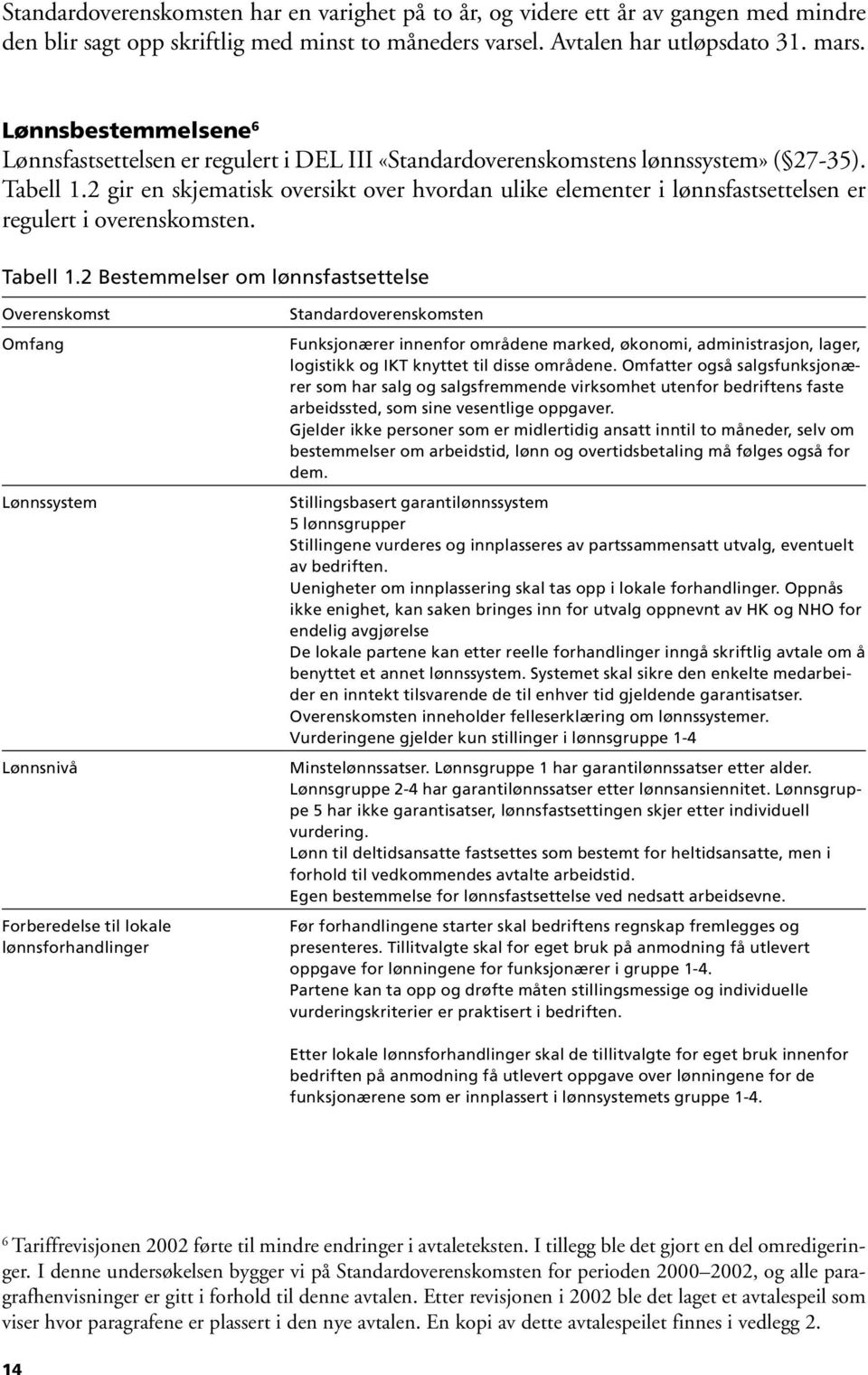 2 gir en skjematisk oversikt over hvordan ulike elementer i lønnsfastsettelsen er regulert i overenskomsten. Tabell 1.