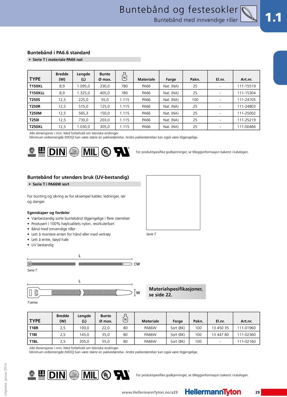 115 PA66 Nat. (NA) 25-111-25002 T250I 12,5 730,0 203,0 1.115 PA66 Nat. (NA) 25-111-25219 T250XL 12,5 1.030,0 305,0 1.115 PA66 Nat. (NA) 25-111-00466 For produktspesifike godkjenninger, se tilleggsinformasjon bakerst i katalogen.