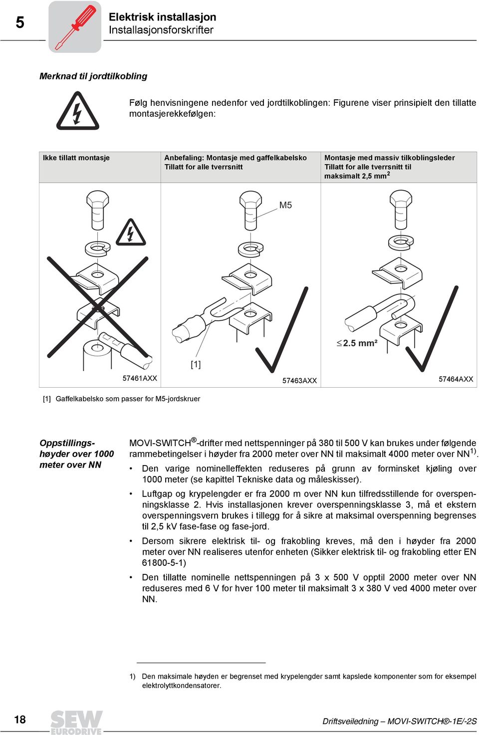 5 mm² 57461AXX 57463AXX 57464AXX [1] Gaffelkabelsko som passer for M5-jordskruer Oppstillingshøyder over 1000 meter over NN MOVI-SWITCH -drifter med nettspenninger på 380 til 500 V kan brukes under
